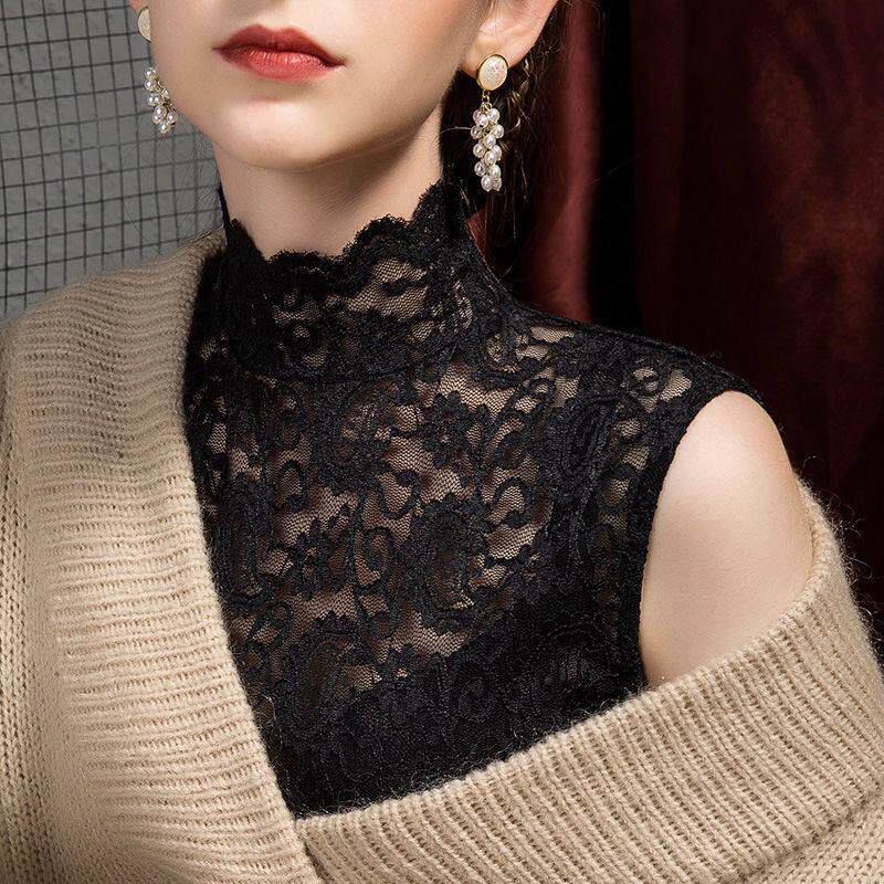 黑色蕾丝打底衫女秋冬加绒加厚大码修身上衣网纱镂空高领无袖背心