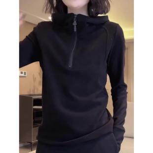 上衣 内搭打底衫 欧货连帽磨毛卫衣2025春秋新款 德绒半拉炼黑色长袖