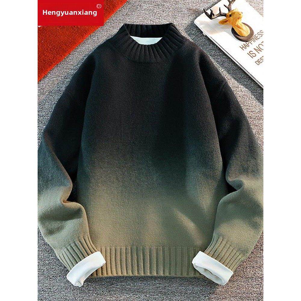 恒源祥红色加绒毛衣男冬季加厚保暖一体绒内搭青少年渐变色针织衫