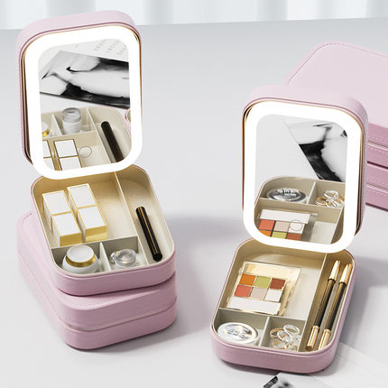 新款多功能LED化妆镜带灯可折叠梳妆随身三色化妆盒美妆镜