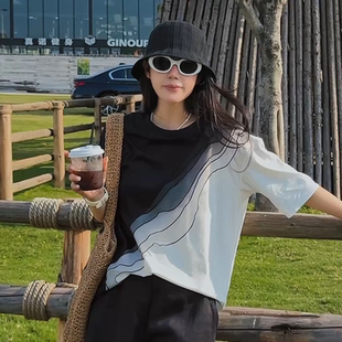 宽松显瘦纯棉内搭短袖 简约撞色T恤女春季 上衣 微风 NILICO陈媚