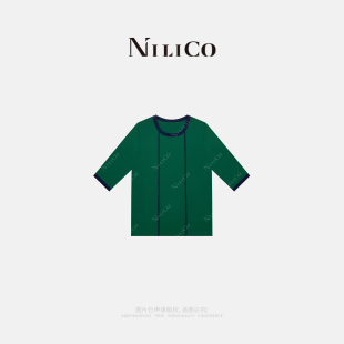 T恤 线条感刺绣花边正肩撞色修身 NILICO陈媚 绿弦