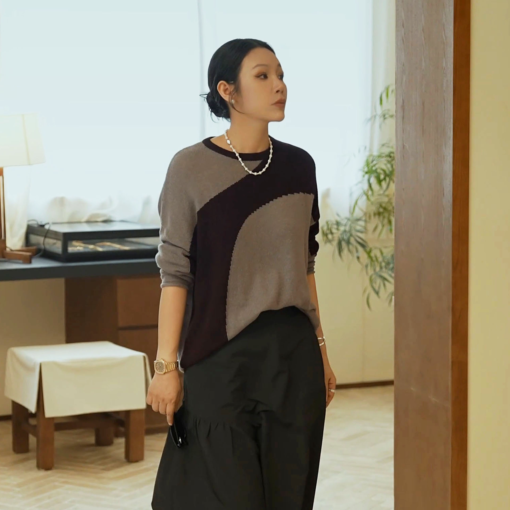 NILICO陈媚【云影落】 进口羊毛不对称分割轮廓撞色针织衫毛衣