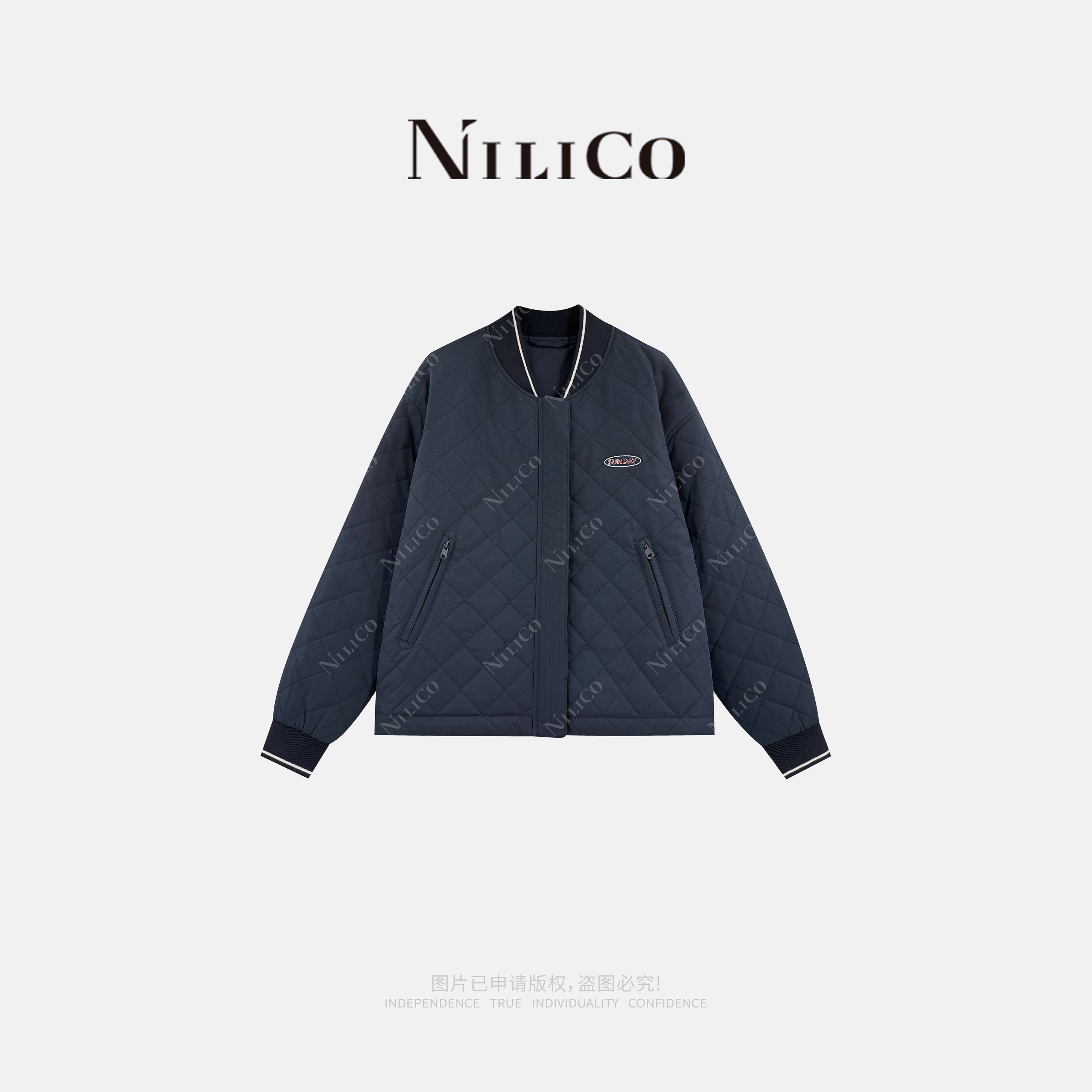 NILICO陈媚【蓝色天空】男女同款青春减龄羽棉绗格百搭棒球领棉服