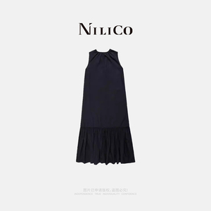 NILICO【在逃公主】莱赛尔亚麻褶皱鱼骨尾连衣裙黑色薄荷曼波百搭