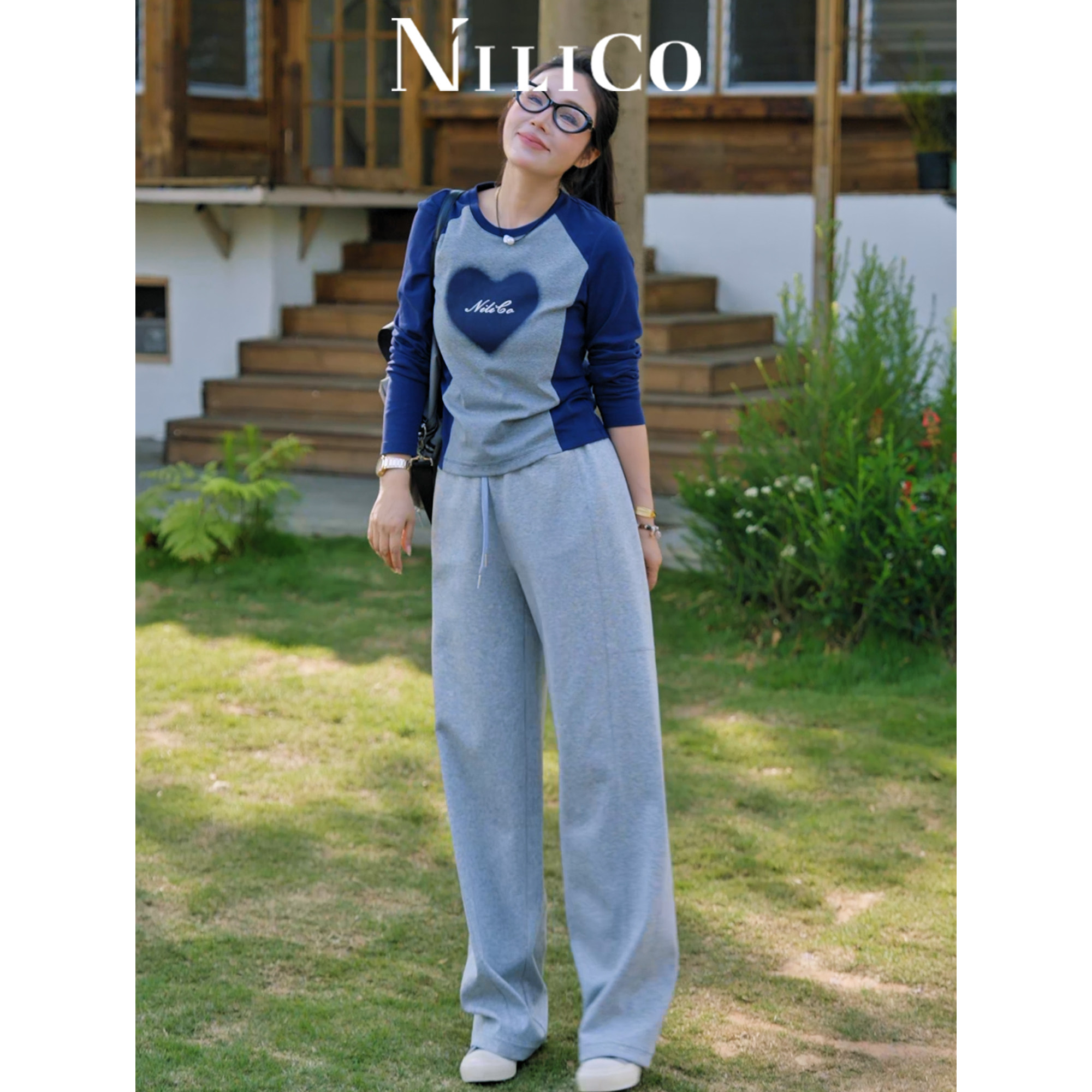 NILICO【舒逸】高腰浅花灰阔腿裤女夏季宽松卫裤慵懒风直筒休闲裤