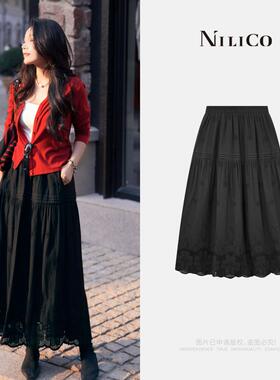 NILICO【锦绣】法式复古浪漫镂空绣花A摆抽褶半身裙