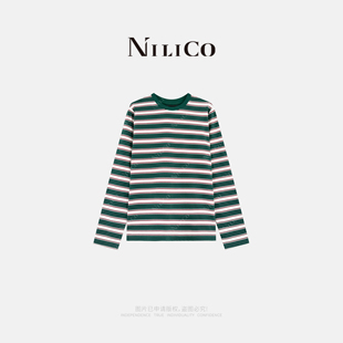 NILICO陈媚【竹韵】学院风清新绿白条长袖女T恤