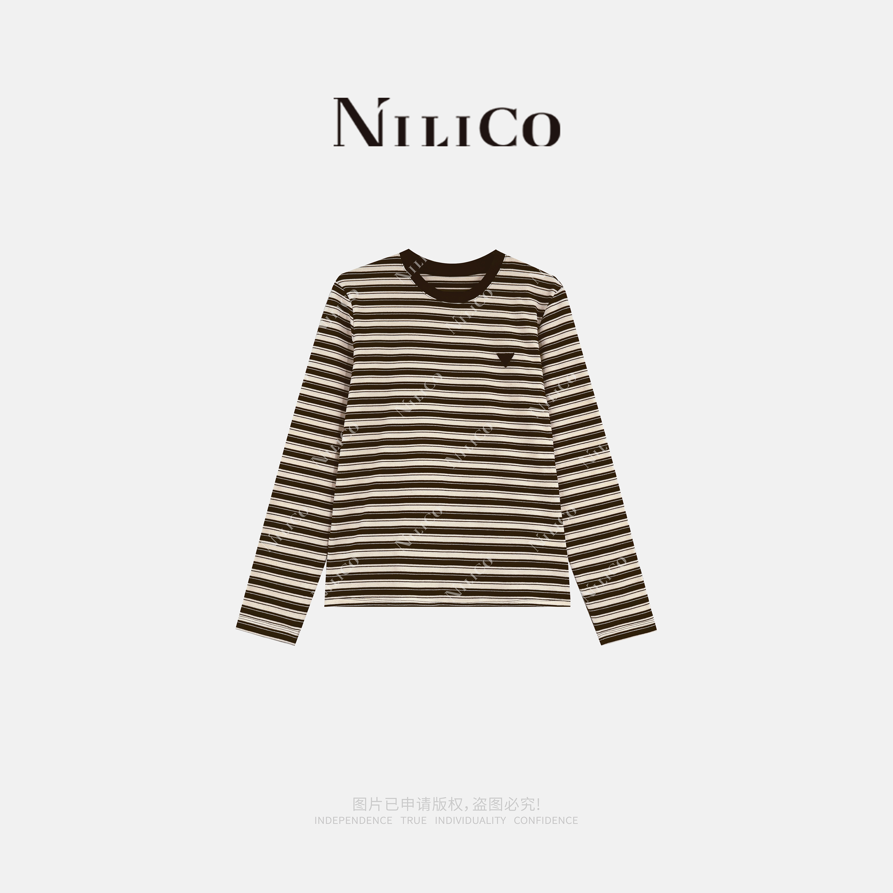 NILICO陈媚【初恋小记】磨毛米咖条纹圆领长袖时尚百搭显瘦T恤