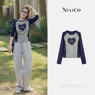 设计感圆领长袖 爱心专属标识拼接上衣女春季 T恤 心韵 NILICO