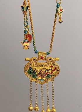 沙金镂空花丝一鹿平安锁包吊坠天子门生流苏铃铛毛衣链送女朋友