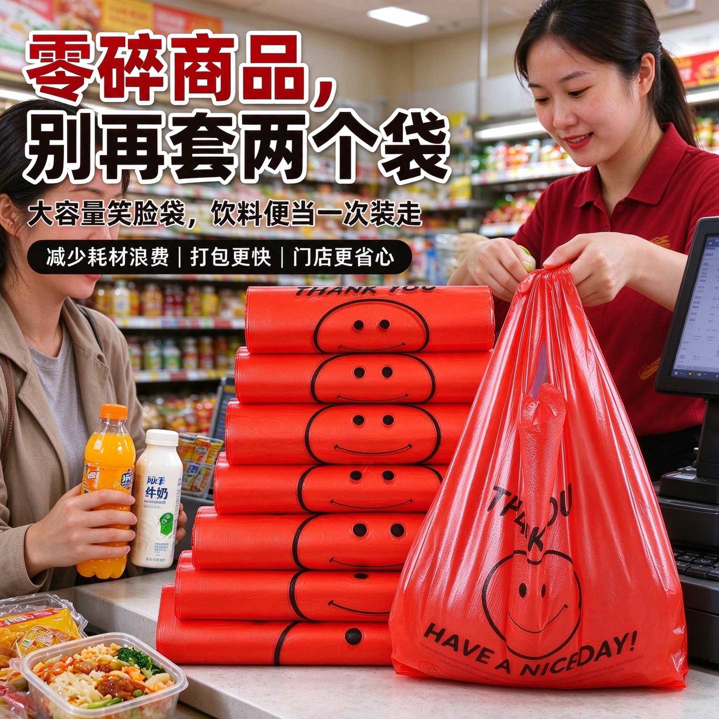 商用加厚红色笑脸袋便利店收银打包塑料袋副食店门店手提袋背心袋