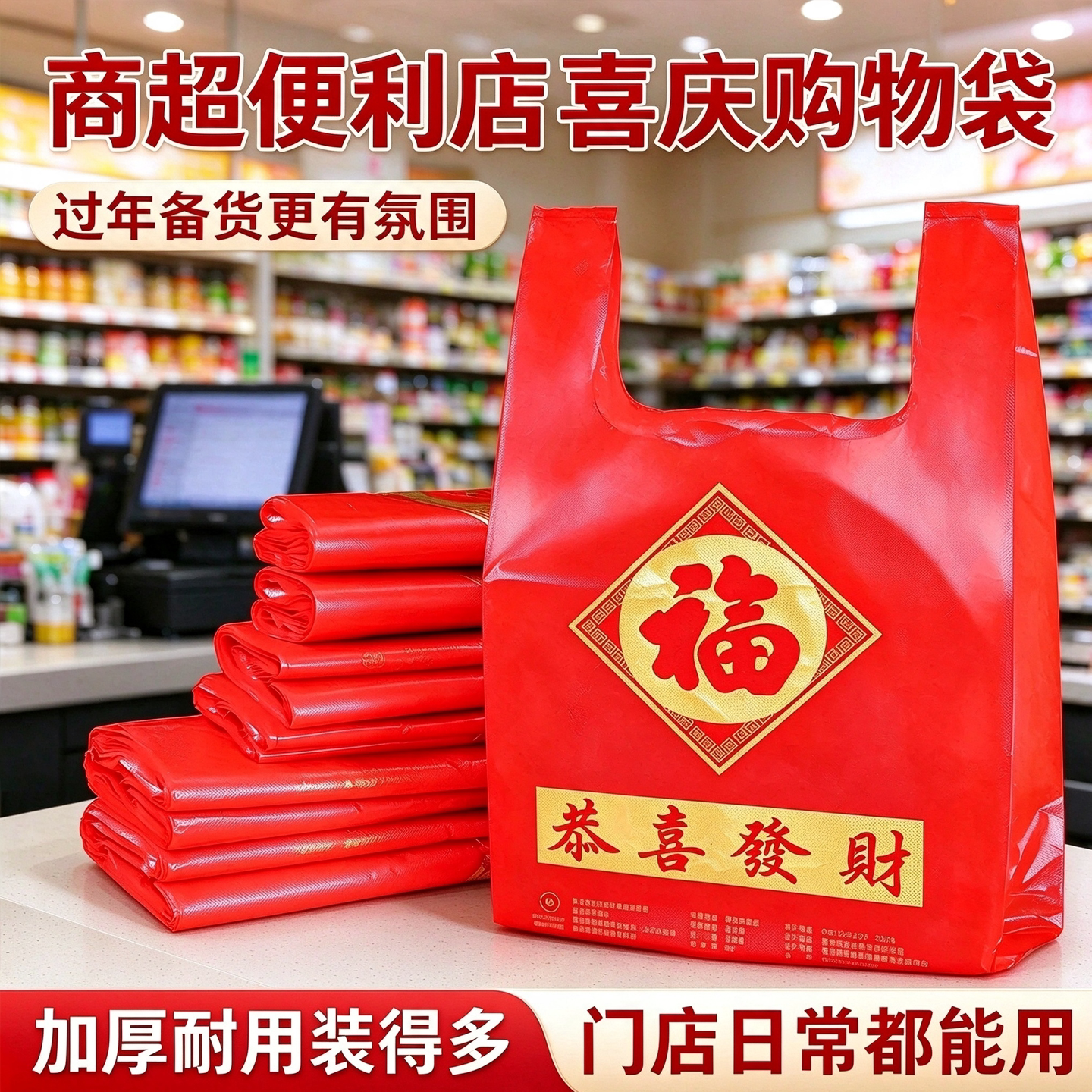 商用红色福字袋背心袋副食便利店收银台年货采购加厚手提袋塑料袋