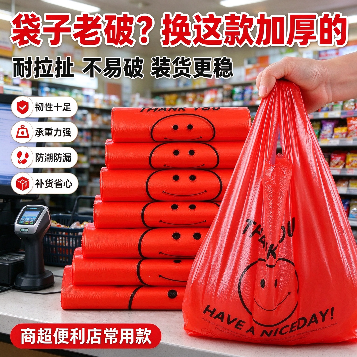 红色笑脸袋商超副食店专用便利店零食打包背心塑料袋加厚现货批发