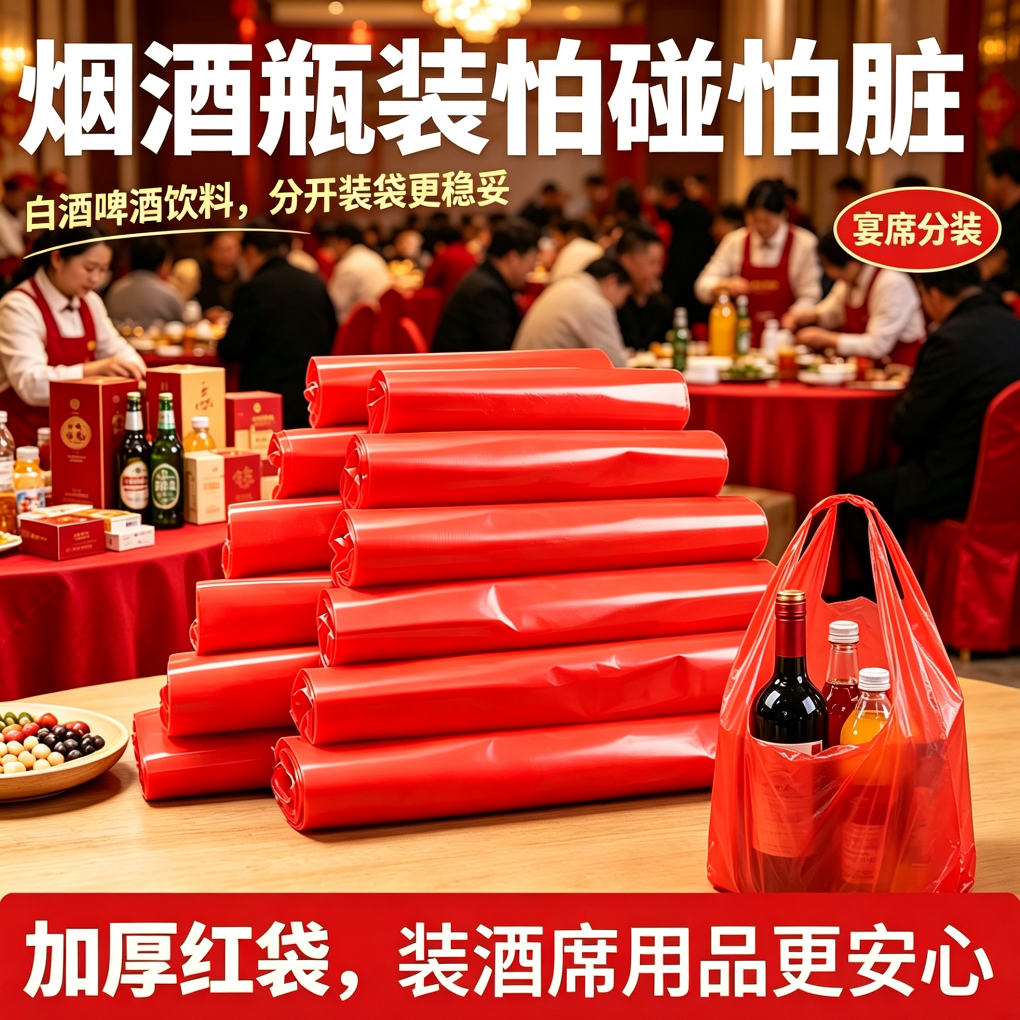喜宴剩菜手提红塑料袋结婚办酒装喜糖酒水加厚承重喜事背心袋批发