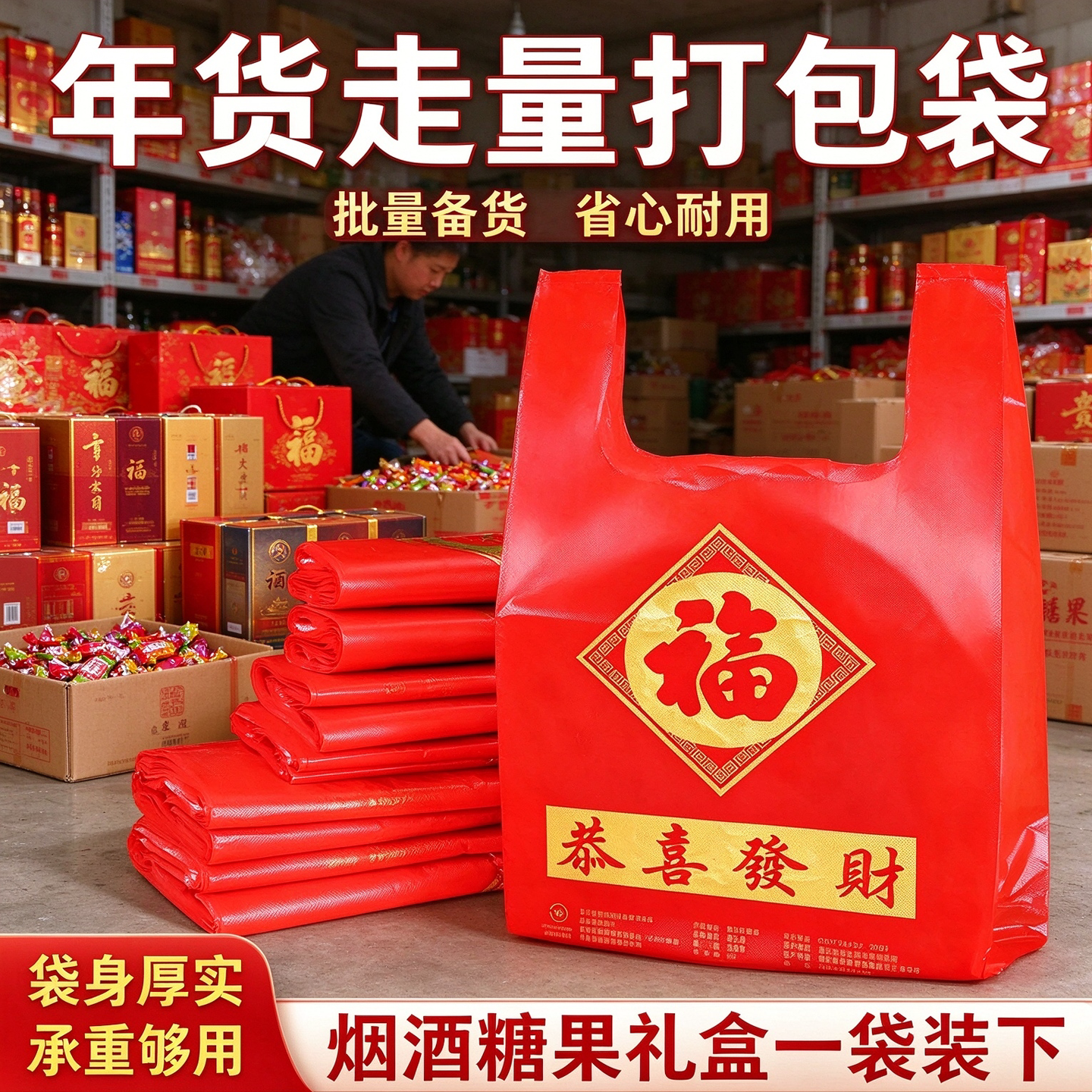 乡镇副食年货红喜背心袋耐拉扯干果腊味礼盒摆摊商用红打包塑料袋