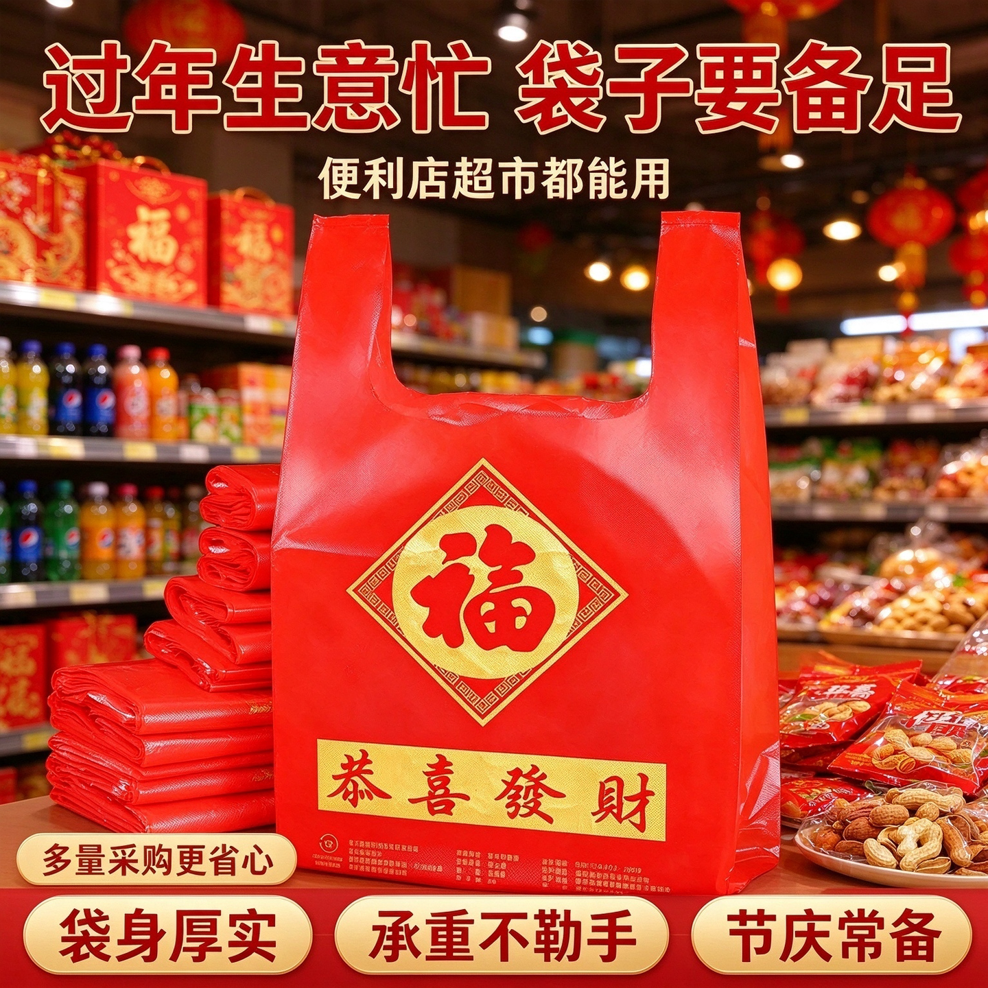 商超门店喜庆打包袋福袋果蔬副食店红色背心式手提袋塑料袋购物袋
