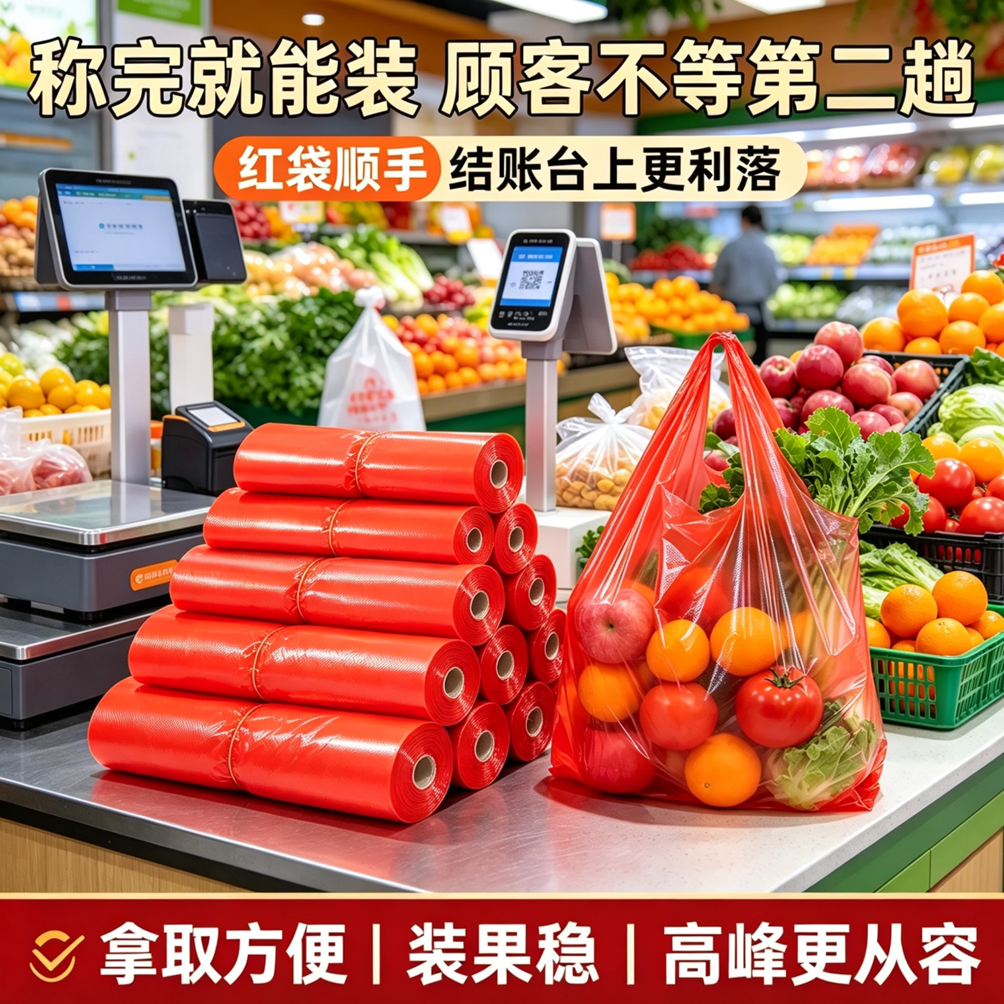 生鲜水果店防爆底红背心袋一次性加厚果蔬摊称重打包袋手提塑料袋