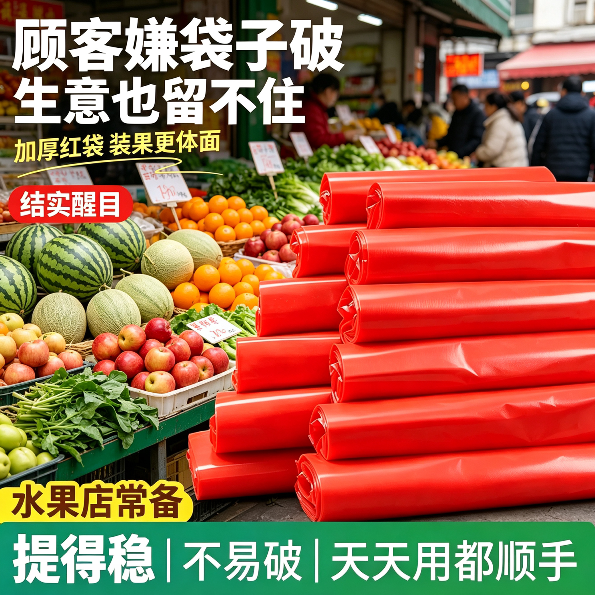 生鲜果蔬红色手提背心袋PE新料塑料袋水果店商用打包耐拉扯承重袋