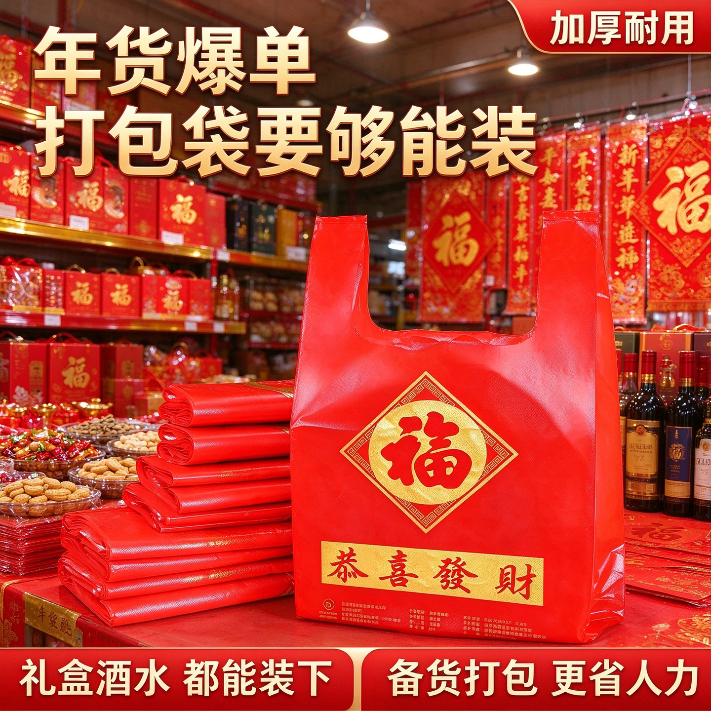 恭喜发财大红福背心塑料袋春节烟酒礼品加厚手提年货打包方便礼袋