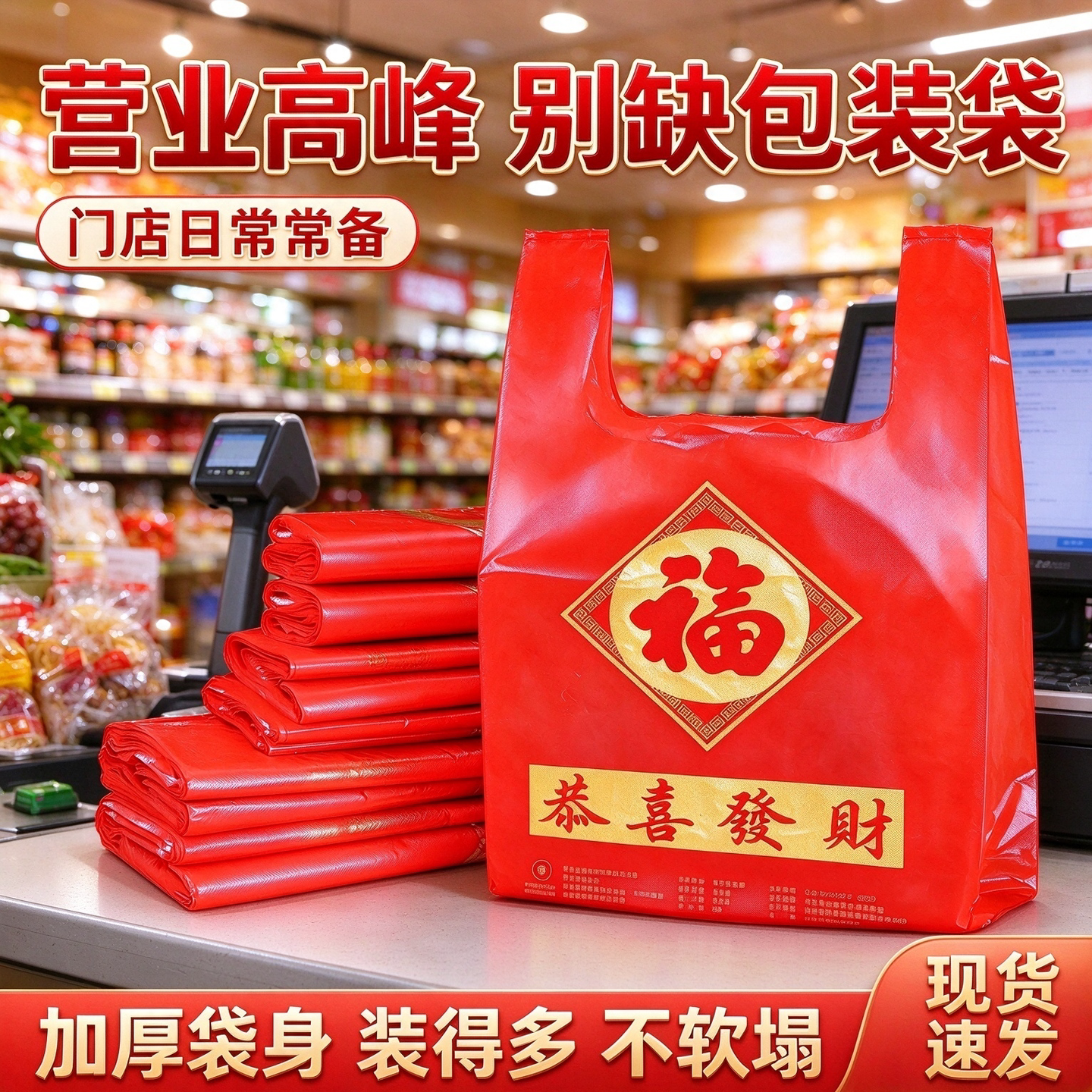 福袋门店常备红色塑料袋福款印花社区商超年货备货商用红色手提袋