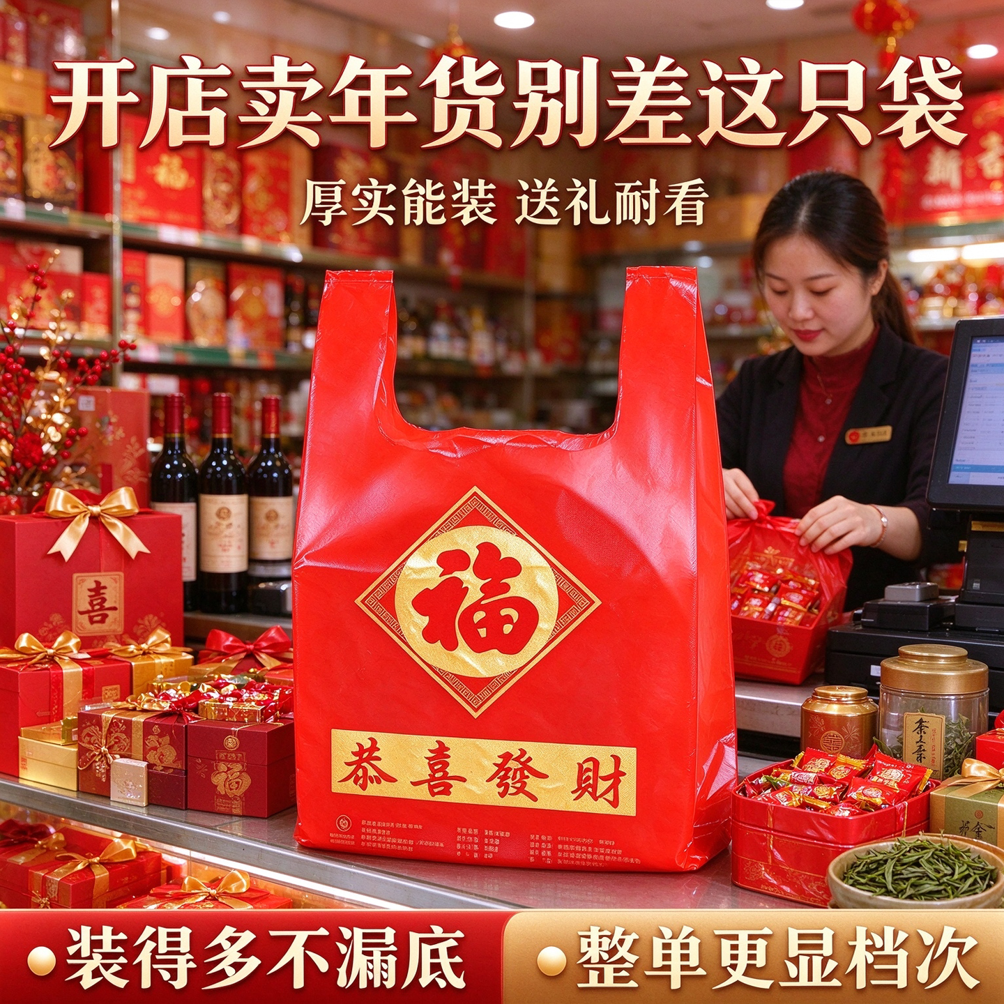 干货商行喜庆红背心袋加厚耐扯红枣桂圆礼盒春节年货打包袋塑料袋