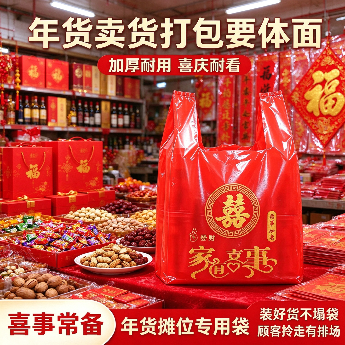 家用大红福手提塑料袋新年年货走亲戚送礼一次性加厚背心方便礼袋