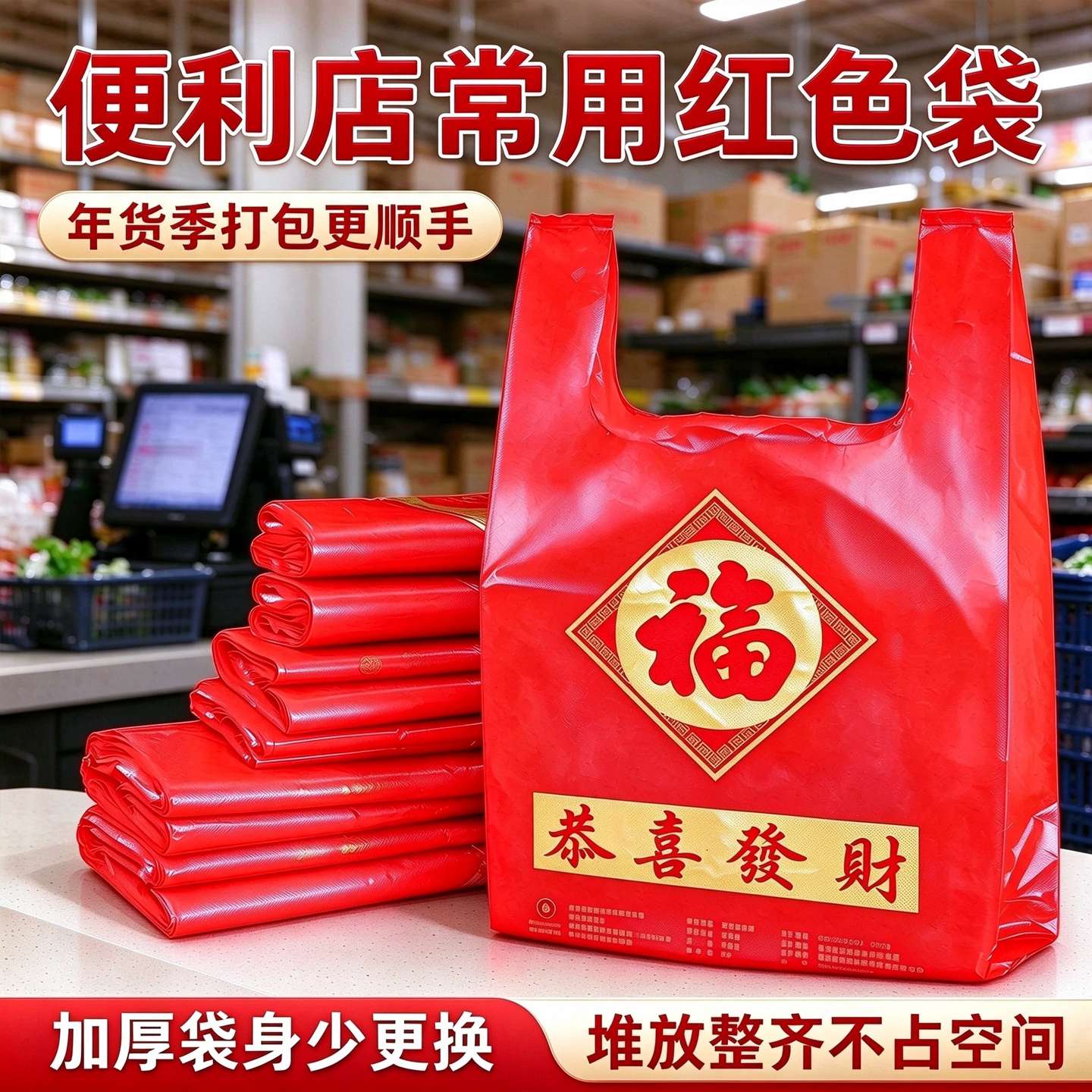 门店喜庆打包塑料袋福字袋红背心袋商超果蔬年货备货背心式手提袋