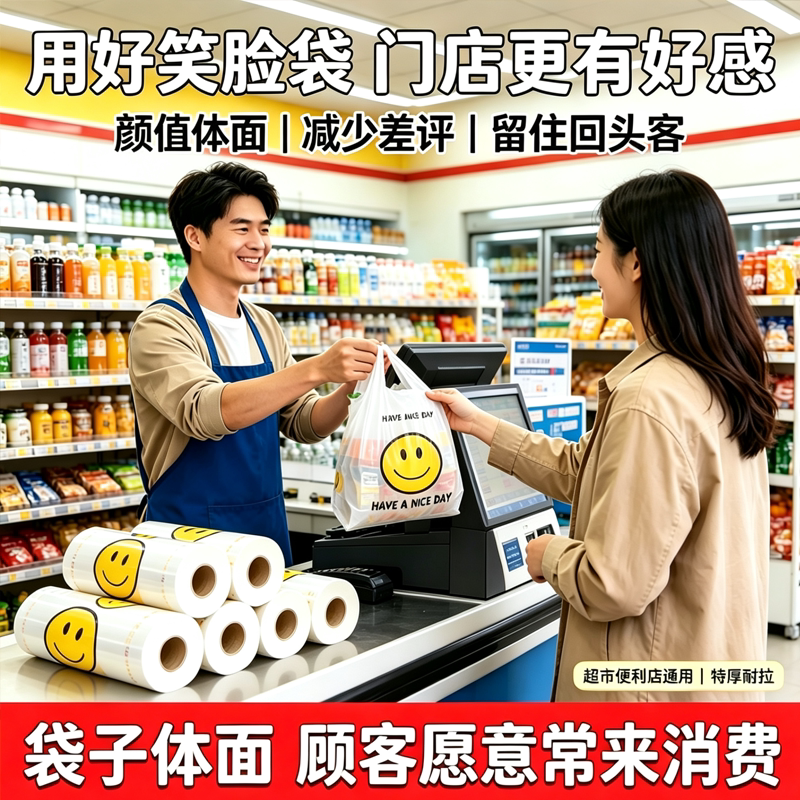商超专用笑脸手提塑料袋便利店收银打包袋食品袋多规格加厚购物袋