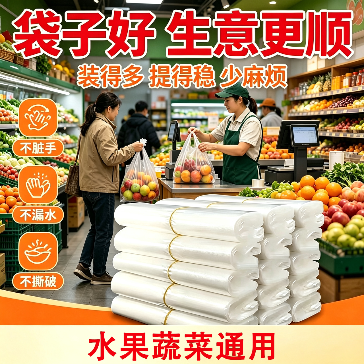 集市水果摊透明袋背心袋食品级加厚生鲜果蔬打包防漏一次性手提袋