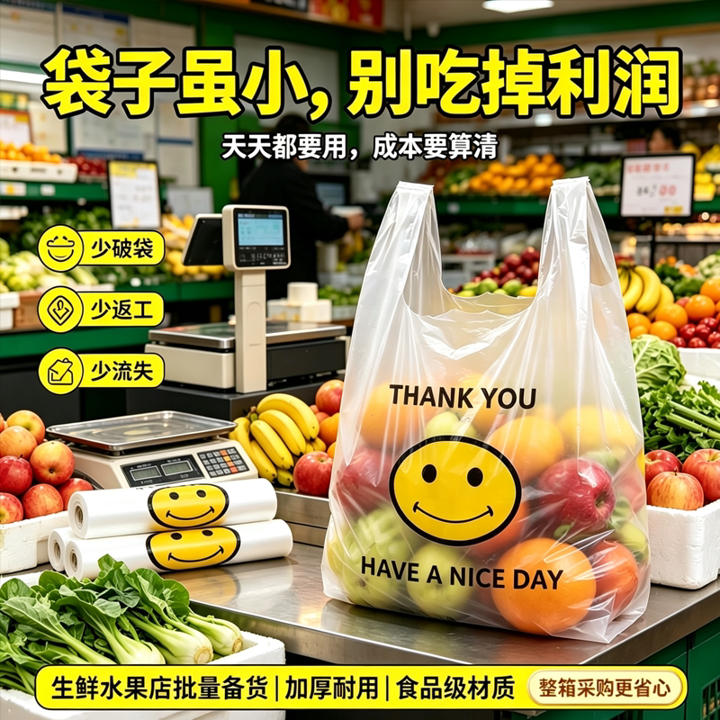 水果店笑脸打包袋加厚防漏不易破鲜果蔬摊商用透明手提塑料袋批发