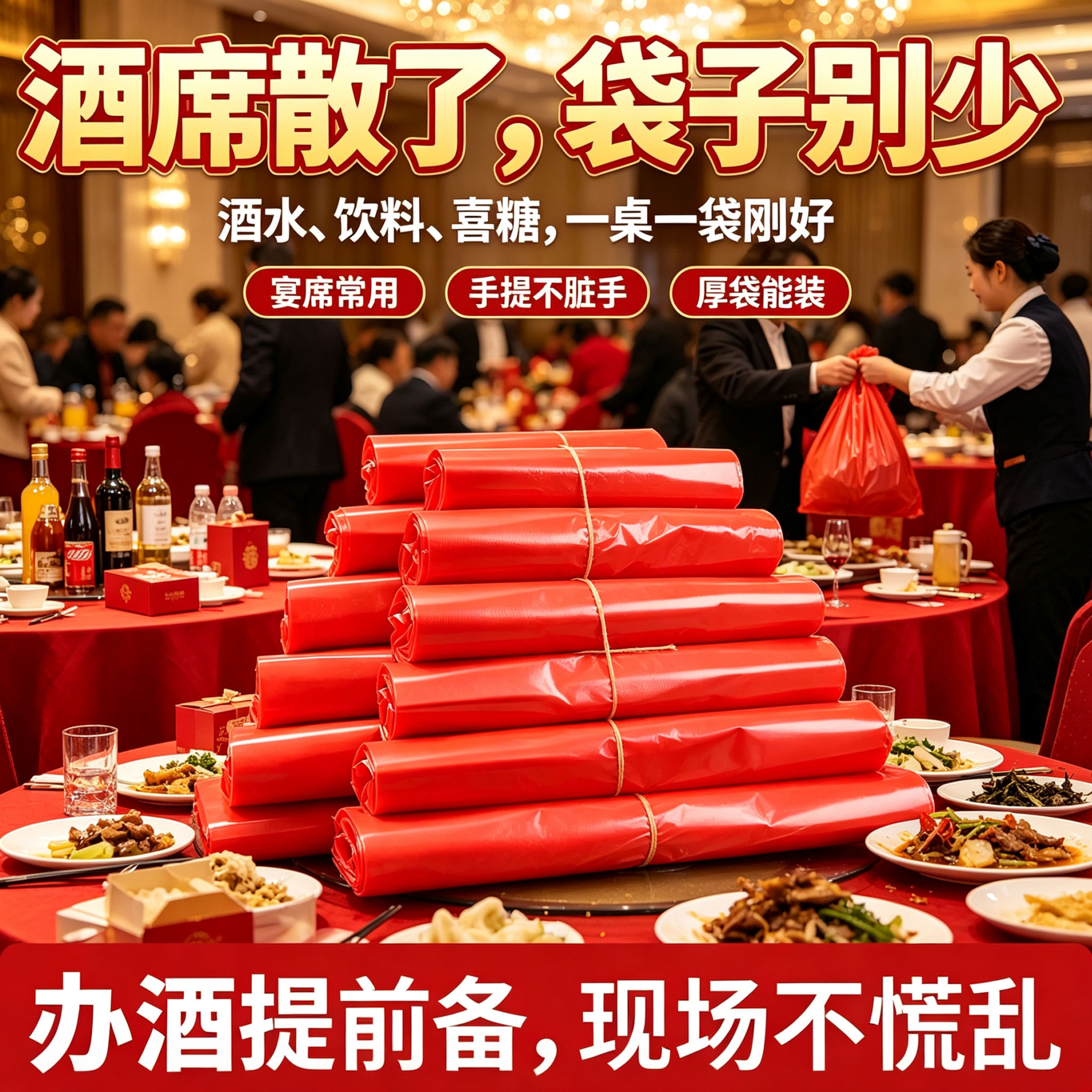 婚礼喜宴打包袋红塑料袋办喜事装喜糖酒水剩菜加厚耐用手提袋批发