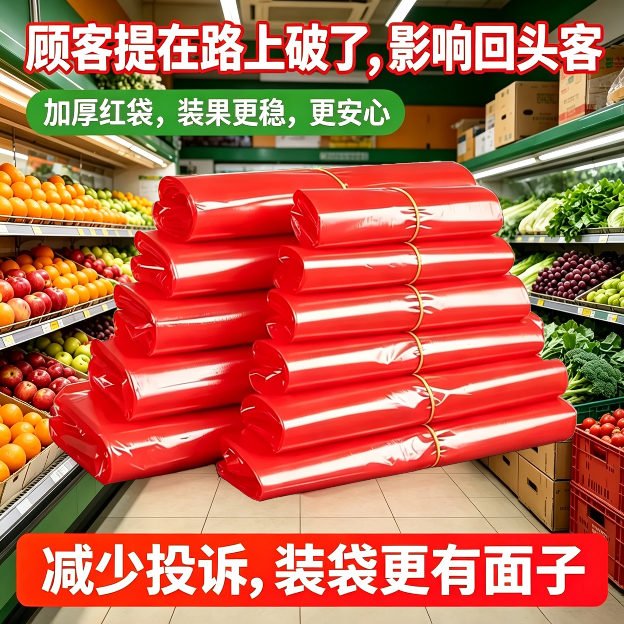 商用红色水果打包背心袋 PE 新料加厚生鲜店装鲜果耐扯手提塑料袋