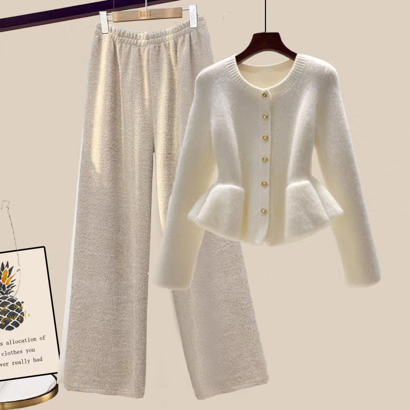 大码水貂绒套装一整套秋微胖穿搭小香风针织衫毛衣+阔腿裤两件套,女装/女士精品,大码套装,淘宝优惠券,粉丝福利购,淘宝优惠卷