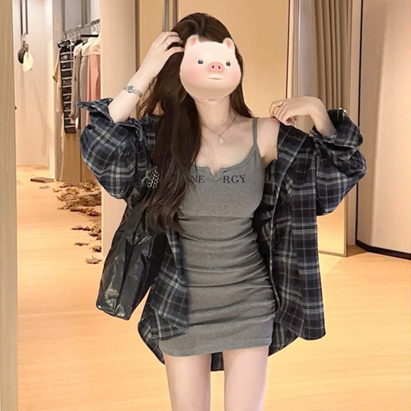 大码吊带裙套装夏季辣妹微胖mm遮肚显瘦长袖宽松衬衫+短裙两件套图片
