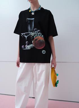 RedRef 短袖上衣手绘缤纷水果气泡酒印花烫钻T恤女夏