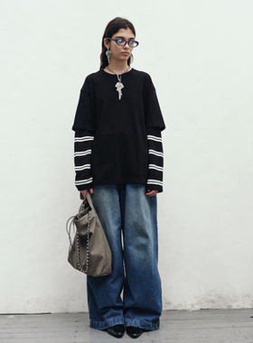 redref 拼接假两件条纹长袖T恤