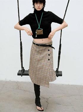 redref 复古毛呢千鸟格中长一片裙
