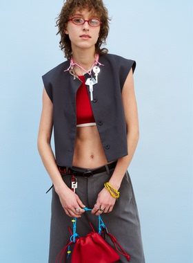 RedRef 新中式马甲无袖上衣无领蕾丝花边⻄装背心男女同款