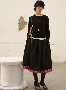 redref 秋冬撞色拼接中长两色花苞裙