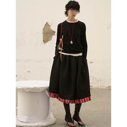 redref 秋冬撞色拼接中长两色花苞裙