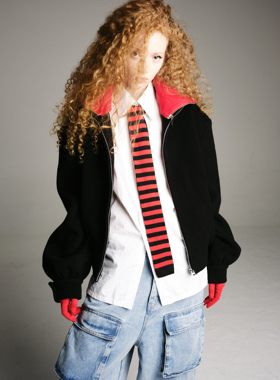 redref 黑色呢子可拆卸撞红色罗纹领口外套