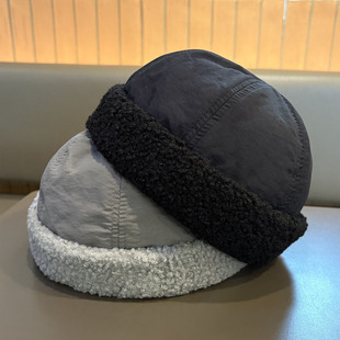 日系复古羊羔绒无檐地主帽男女秋冬保暖瓜皮帽雅痞街头潮流水手帽