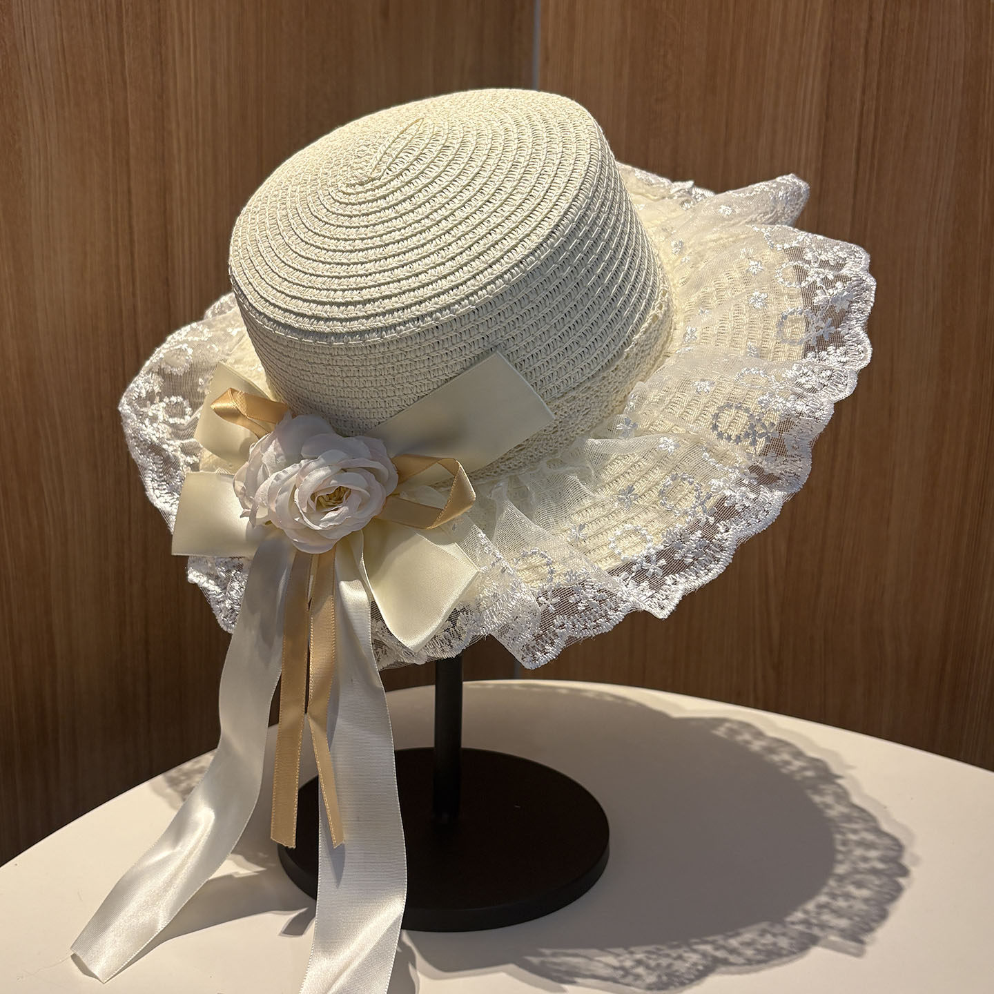 夏季田园蕾丝系带大檐防晒草帽女