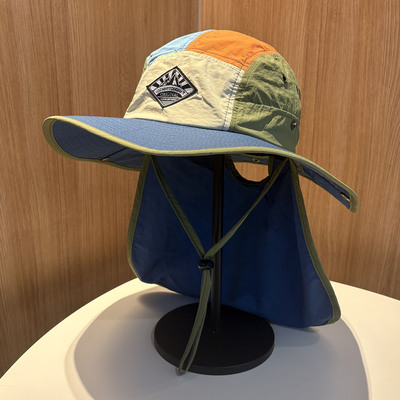 夏季拼色大檐防晒护颈登山披肩帽