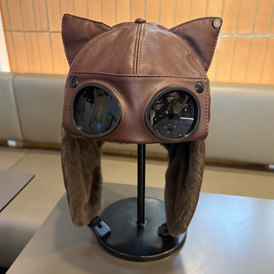 冬季 皮质加绒保暖防寒雷锋帽子女飞行员护目镜猫耳骑行护耳帽男潮