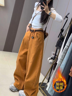 胖mm宽松显瘦加绒加厚直筒阔腿裤 大码 女秋冬新款 高级感弯刀牛仔裤