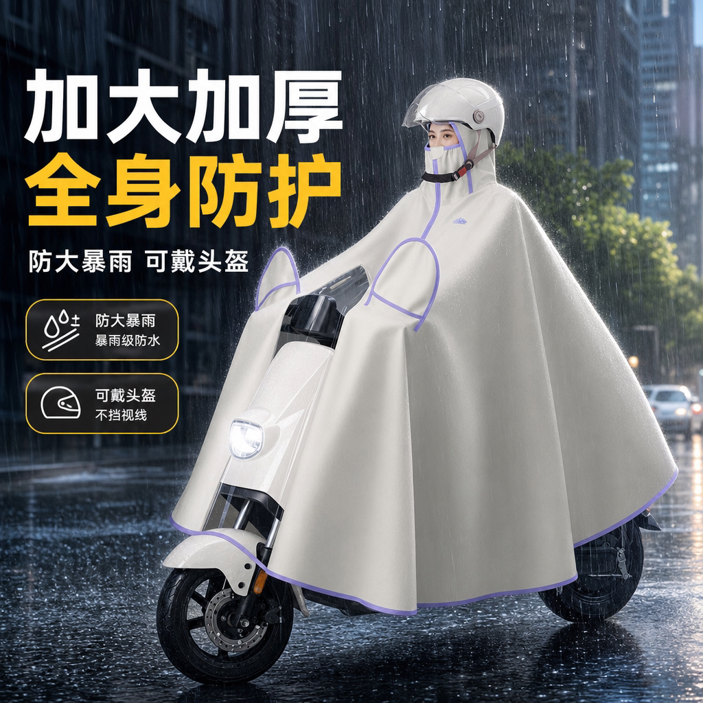 加大加厚防暴雨可戴头盔骑行雨衣图片