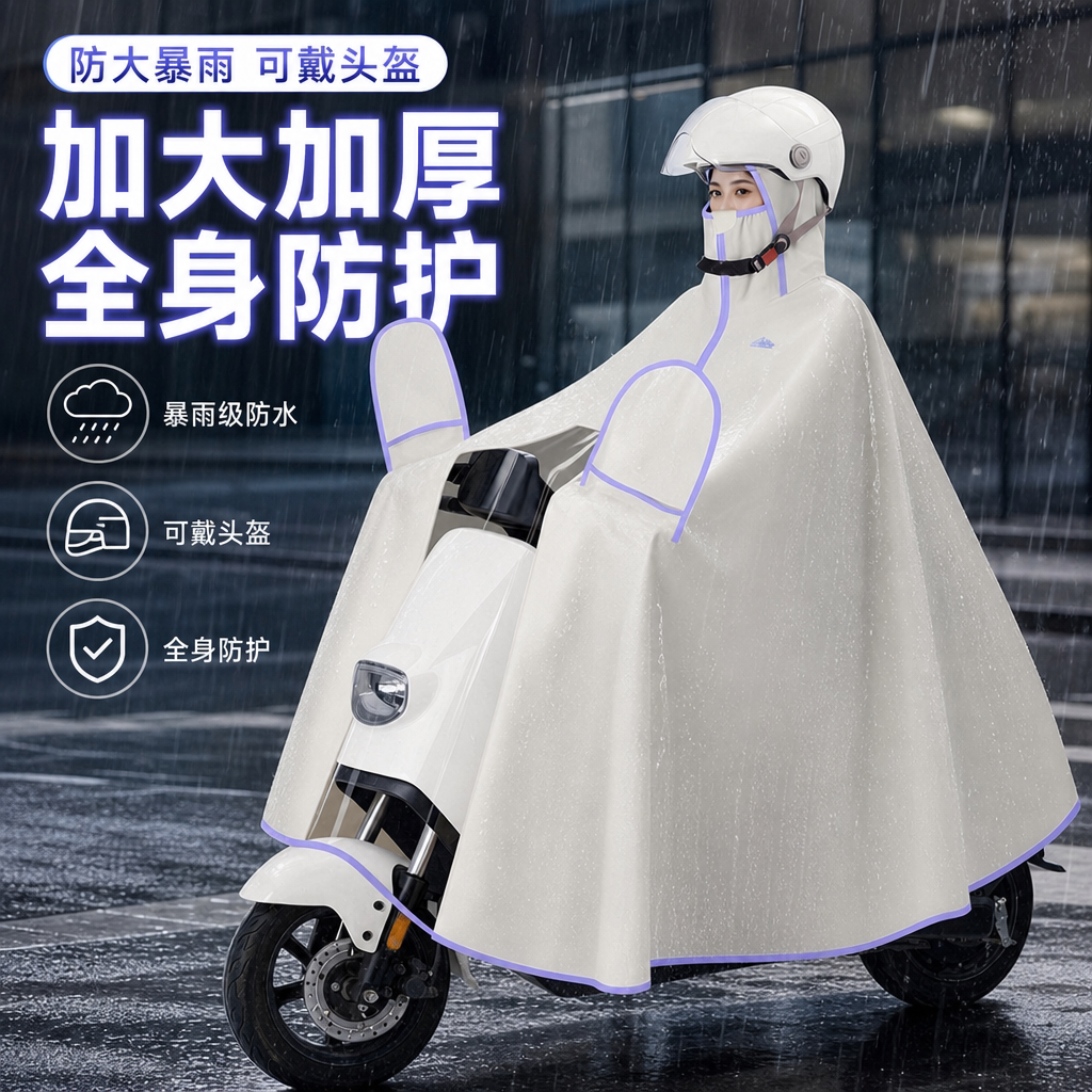 加厚全包防暴雨可戴头盔电瓶雨衣图片