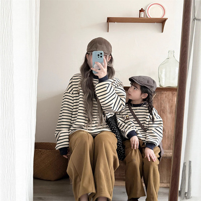 2025男童女童韩版条纹亲子装冬季加绒圆领时尚百搭卫衣母女款